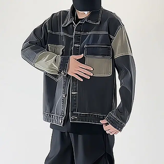 冈哉 撞色拼接工装做旧设计美式复古高街个性潮流日常户外休闲通勤百搭宽松牛仔外套 男女同款