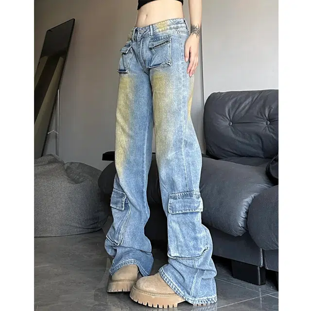 冈哉 美式复古多口袋褶皱拼接设计水洗做旧户外伞兵工装裤宽松舒适百搭个性痞帅直筒阔腿裤拖地弯刀牛仔裤 男女同款