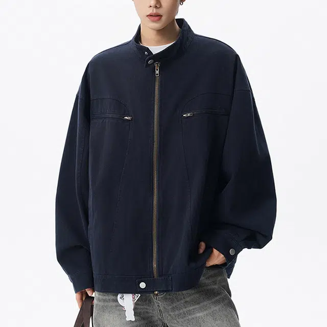 冈哉 解构拼接双拉链工装设计美式复古水洗日常通勤百搭高街风宽松休闲时尚高级感夹克外套 男女同款