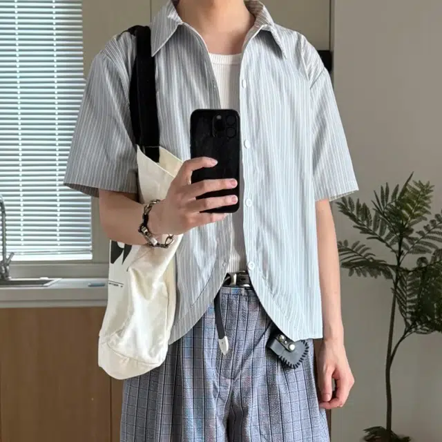 冈哉 弯弧下摆条纹织带拼接创意个性设计简约舒适基础款松弛慵懒感外套上衣宽松休闲百搭短袖衬衫 男女同款