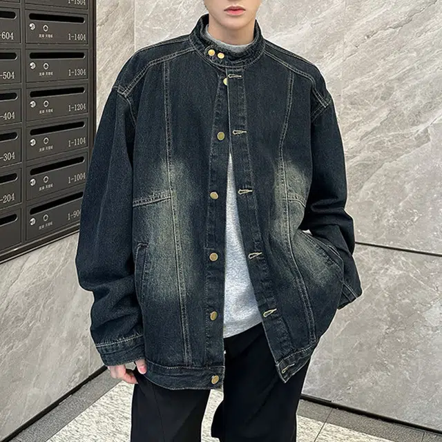 冈哉 解构纽扣拼接立领做旧设计美式高街复古水洗基础款痞帅宽松休闲舒适百搭牛仔外套 男女同款