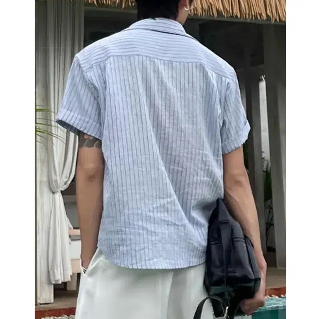 冈哉 美式潮流个性条纹拼接时尚简约舒适基础款痞帅衬衣慵懒风外套上衣宽松翻领短袖衬衫 男女同款