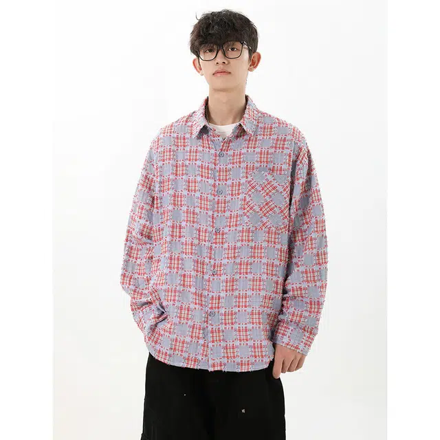 冈哉 美式复古基础款长袖大格子补丁流苏设计翻领叠穿潮搭垂感痞帅宽松少年感舒适打底内搭外穿衬衫 男女同款
