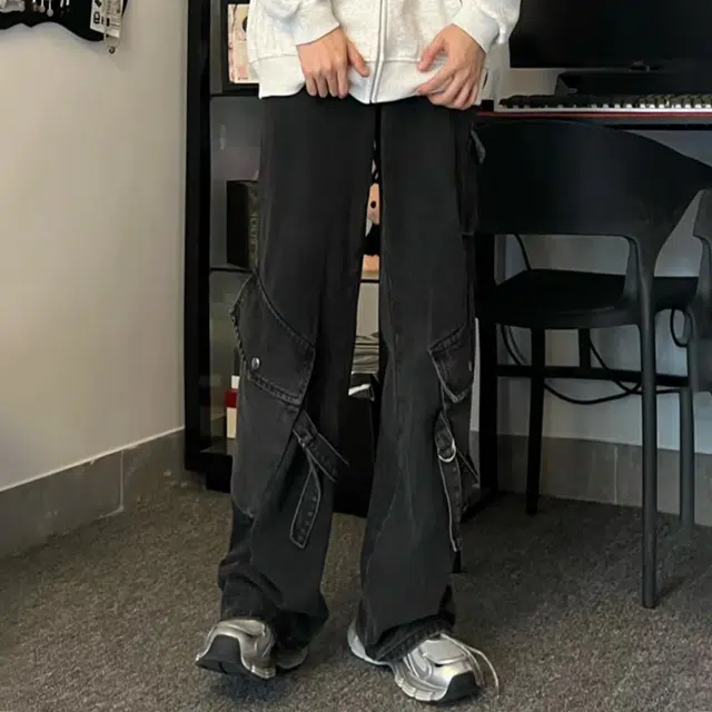冈哉 美式复古侧边大口袋解构拼接系带工装设计宽松潮流垂感百搭休闲拖地直筒牛仔裤 男女同款