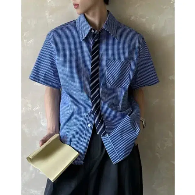 冈哉 学院风蓝白格子领带条纹拼接小众设计美式高街时尚潮流百搭痞帅宽松舒适清凉透气翻领短袖衬衫 男女同款