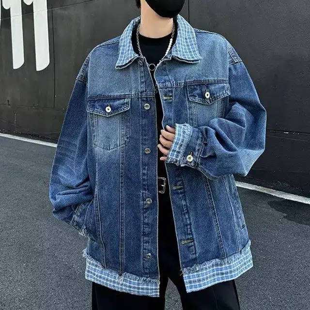 冈哉 格子假两件拼接翻领设计美式复古做旧工装潮流时尚街头百搭舒适夹克牛仔外套 男女同款