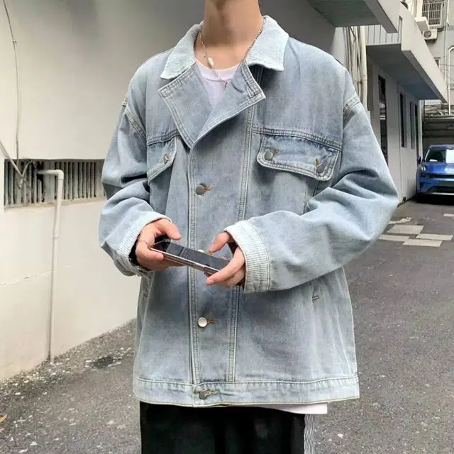 冈哉 水洗机车风纯色做旧设计美式重工复古痞帅高街做日中性风百搭休闲开衫牛仔外套 男女同款