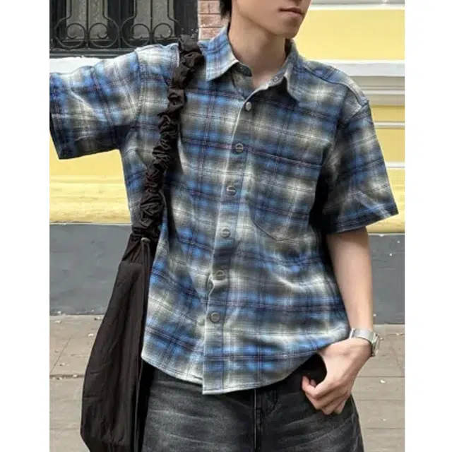 冈哉 美式复古格子撞色设计高级感慵懒松弛街头潮牌个性宽松百搭休闲夏季短袖衬衫 男女同款