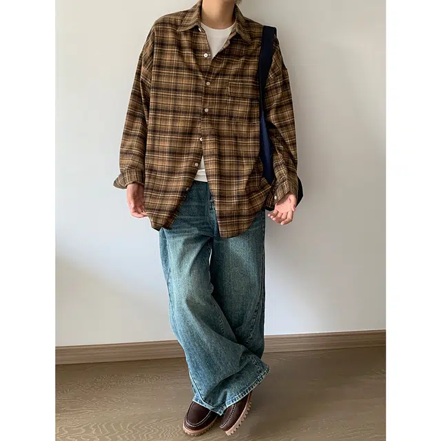 冈哉 复古磨毛格子宽松休闲百搭翻领长袖叠穿潮搭垂感痞帅少年感舒适打底内搭外穿春秋款衬衫  男女同款