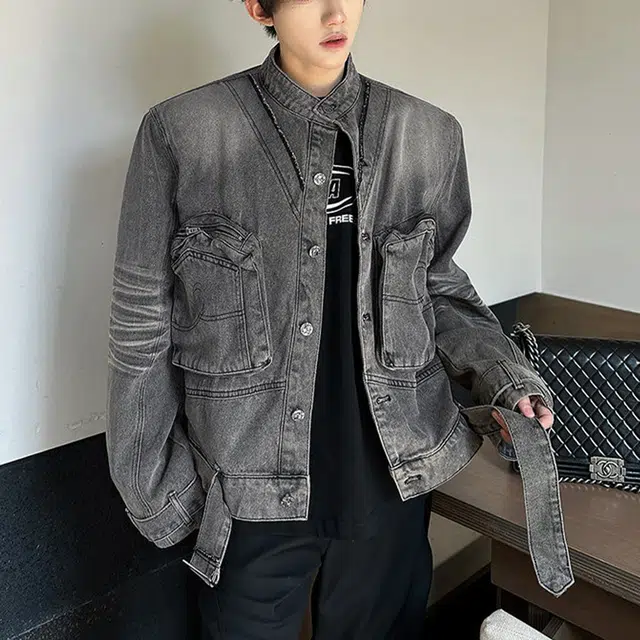 冈哉 立体大口袋毛边拼接两侧腰带设计美式复古高街水洗做旧小众宽松休闲夹克牛仔外套 男女同款