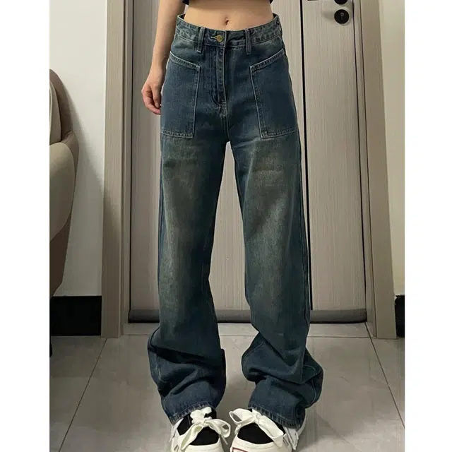 冈哉 美式复古水洗做旧大口袋设计时尚潮流百搭宽松舒适显高显瘦日常通勤休闲直筒牛仔裤 男女同款