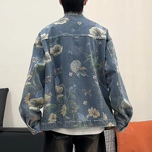 冈哉 美式高街满印花灰撞色拼色设计复古做旧翻领时尚潮流宽松百搭休闲夹克牛仔外套 男女同款