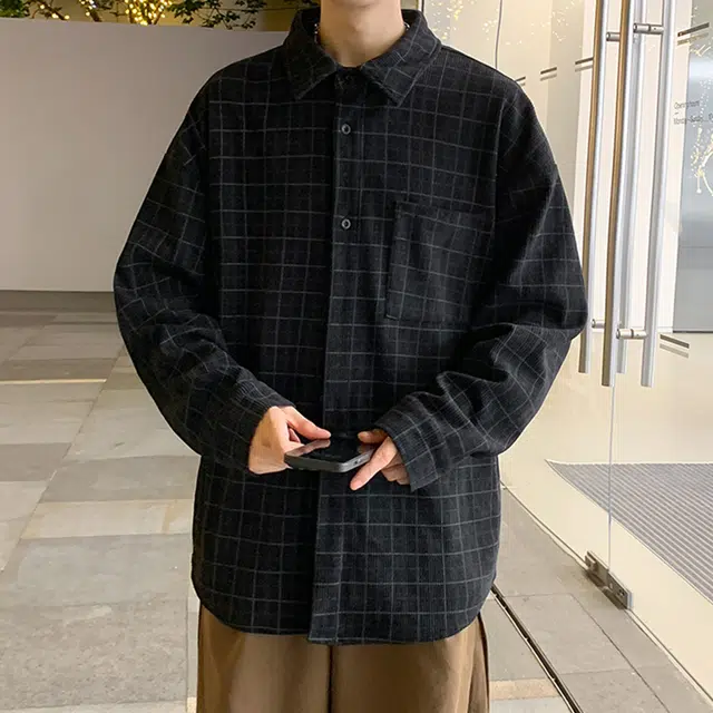 冈哉 条纹格子美式复古翻领单排扣宽松休闲百搭长袖衬衫 男女同款