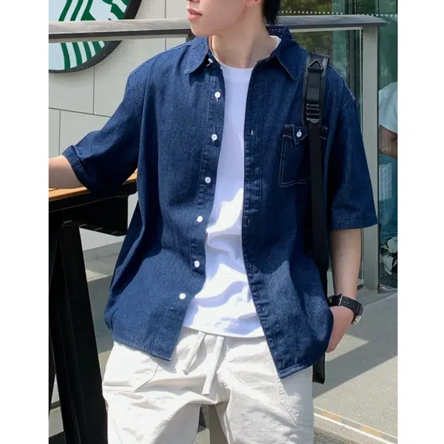 冈哉 美式复古翻领盘扣牛仔衬衣纯色基础款拼接口袋工装设计水洗做旧五分袖时尚潮流舒适柔软宽松百搭短袖衬衫 男女同款