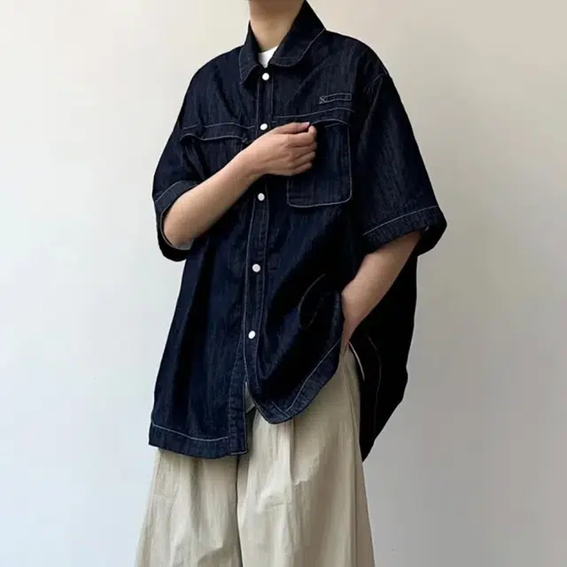 冈哉 多口袋水洗做旧工装翻领牛仔设计美式复古百搭宽松休闲舒适高级感短袖衬衫 男女同款