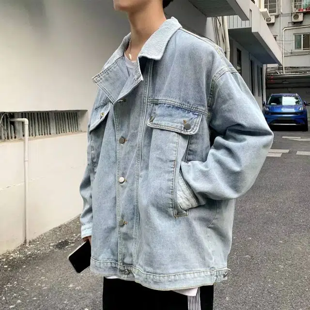 冈哉 水洗机车风纯色做旧设计美式重工复古痞帅高街做日中性风百搭休闲开衫牛仔外套 男女同款