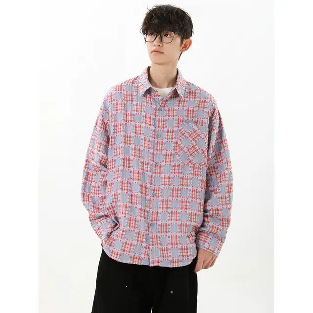 冈哉 美式复古基础款长袖大格子补丁流苏设计翻领叠穿潮搭垂感痞帅宽松少年感舒适打底内搭外穿衬衫 男女同款