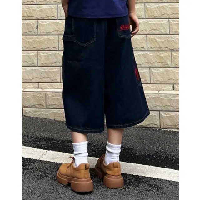 冈哉 美式复古解构拼接刺绣设计夏季高街宽松直筒休闲百搭舒适透气日常通勤七分裤牛仔短裤 男女同款