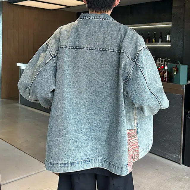 冈哉 格子拼接水洗做旧破洞拼色补丁个性设计美式复古高街宽松舒适无性别主义翻领潮牌夹克牛仔外套 男女同款