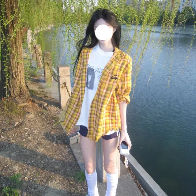 冈哉 美式潮流高街复古多巴胺条纹格子衫拼接设计透气亲肤流苏下摆街头痞帅潮流舒适百搭宽松休闲翻领落肩垂感长袖衬衫 男女同款