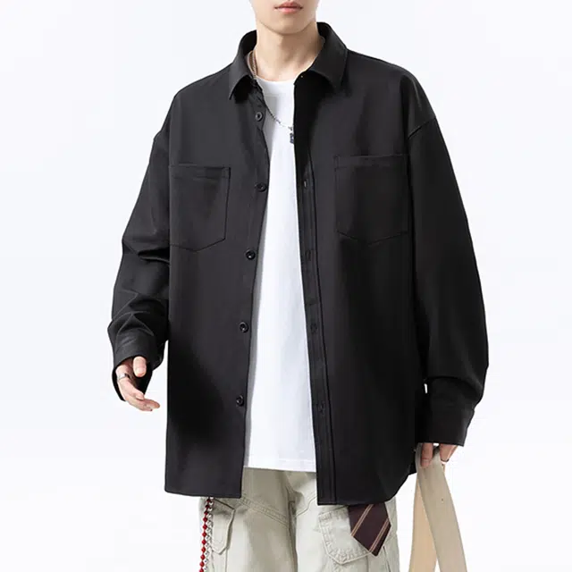 冈哉 纯色简约基础款双口袋拼接美式学院风重磅高级感翻领宽松休闲百搭长袖衬衫 男女同款