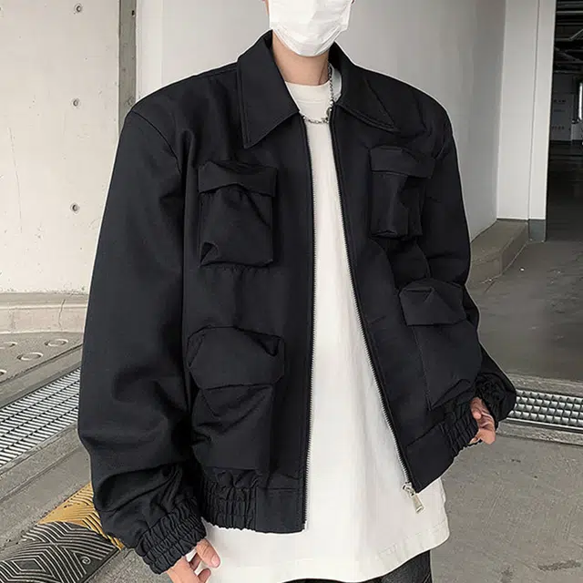 冈哉 朋克风多口袋纯色翻领拉链短款设计美式复古高街潮流工装日常通勤百搭宽松休闲夹克外套 男女同款