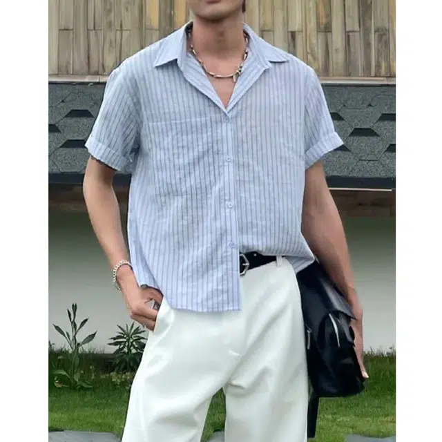 冈哉 美式潮流个性条纹拼接时尚简约舒适基础款痞帅衬衣慵懒风外套上衣宽松翻领短袖衬衫 男女同款