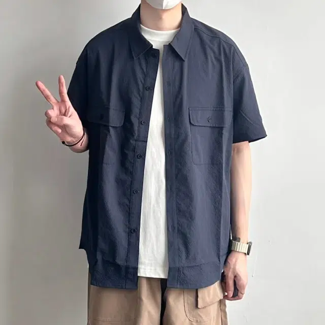 冈哉 肌理感工装衬衣纯色基础款双口袋拼接美式复古潮流宽松休闲百搭舒适透气短袖衬衫 男女同款