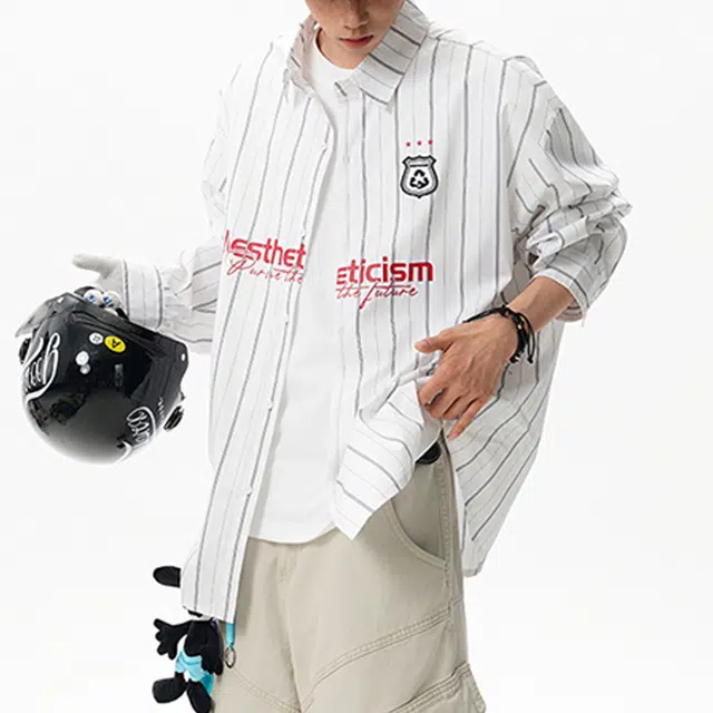 冈哉 字母印花条纹拼接落肩单排扣设计美式学院风简约休闲垂感宽松百搭潮流长袖衬衫 男女同款