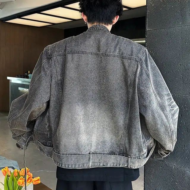 冈哉 立体大口袋毛边拼接两侧腰带设计美式复古高街水洗做旧小众宽松休闲夹克牛仔外套 男女同款