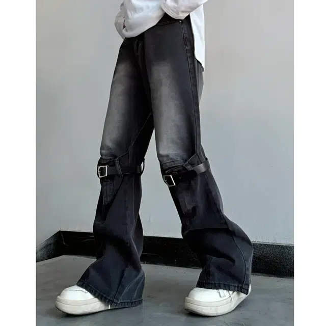冈哉 美式高街潮牌破洞立体皮带拼接设计水洗做旧宽松舒适百搭直筒个性痞帅户外日常通勤阔腿拖地牛仔裤 男女同款