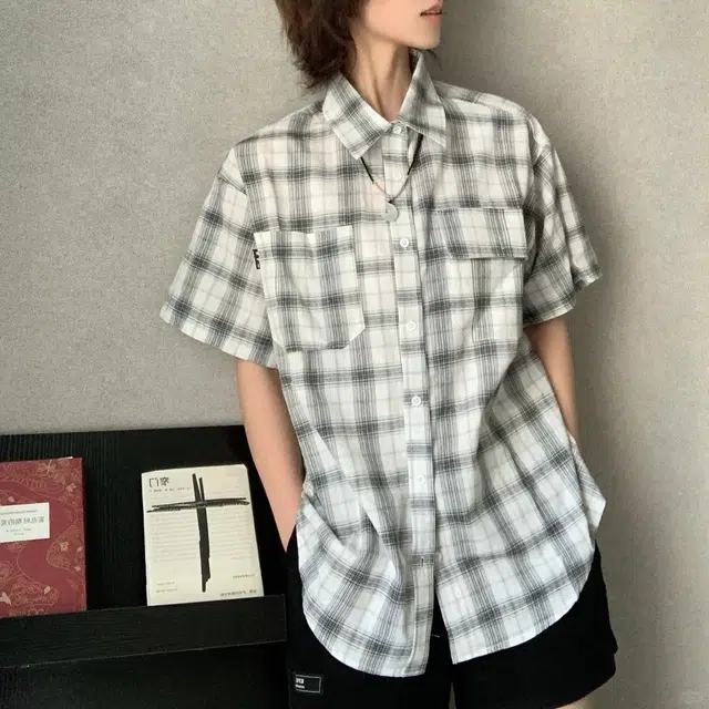 冈哉 美式高街个性潮流潮牌复古吸湿透气简约基础款宽松百搭休闲撞色条纹拼接格子短袖衬衫 男女同款