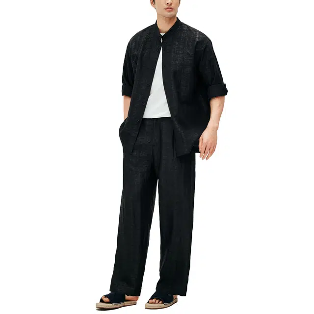 丹宁哲学 百搭落肩吸湿透气纯色时尚舒适宽松立领七分袖衬衫 男款