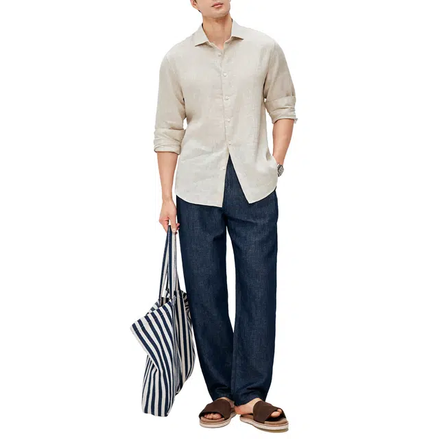 丹宁哲学 高档汉麻棉混纺夏季薄款透气宽松单褶牛仔裤 男款