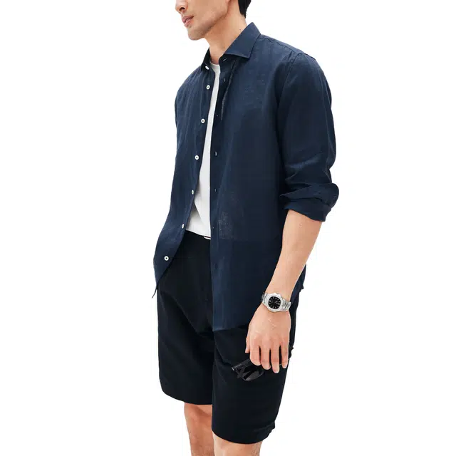 丹宁哲学 高档舒适透气雨露亚麻宽松休闲长袖衬衫 男款