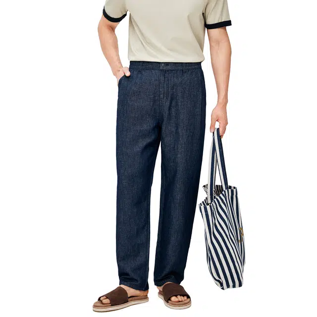 丹宁哲学 高档汉麻棉混纺夏季薄款透气宽松单褶牛仔裤 男款