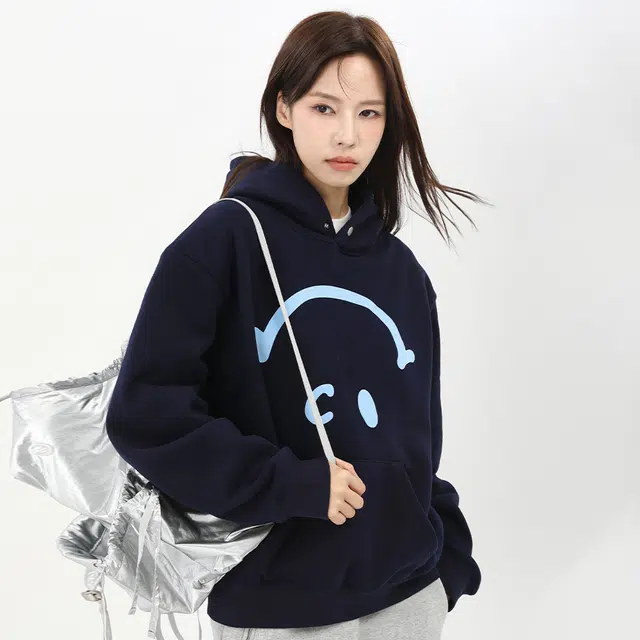识恩 韩系创意倒笑脸加绒连帽套头卫衣 女款