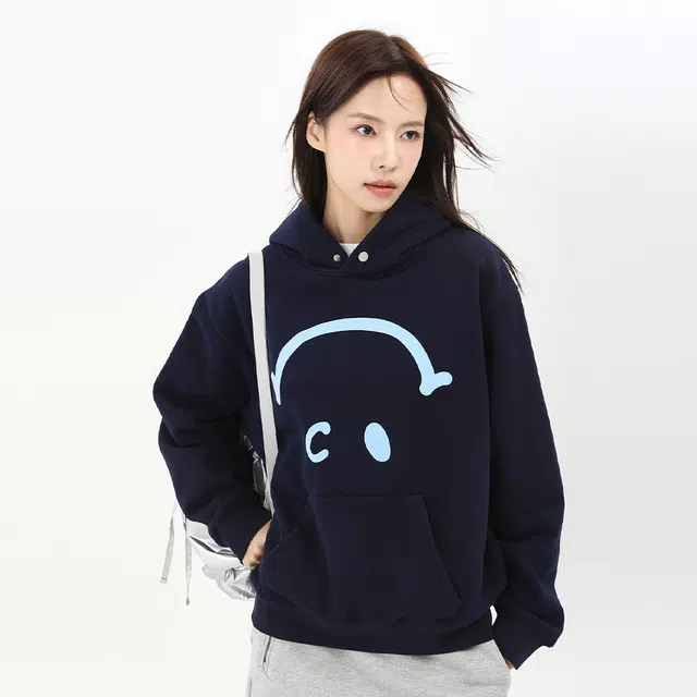识恩 韩系创意倒笑脸加绒连帽套头卫衣 女款