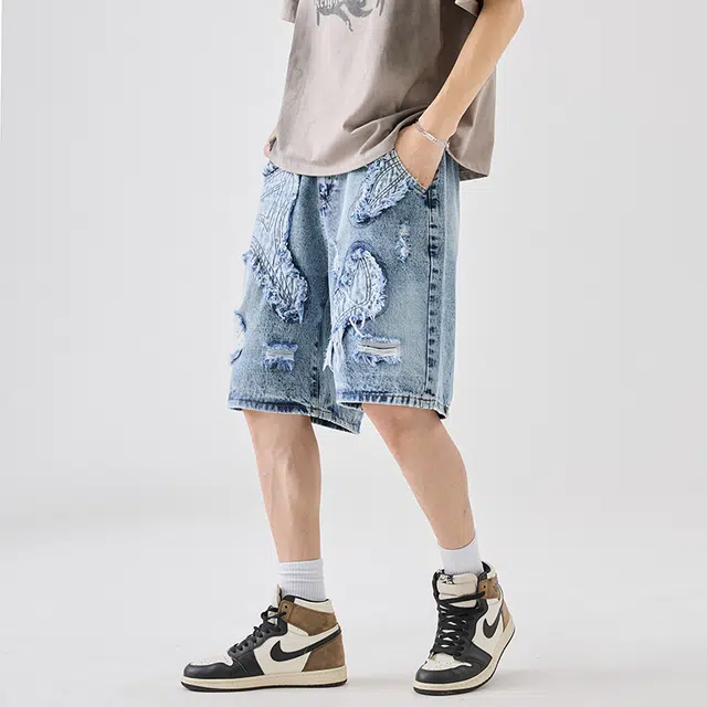 法文箱子 美式高街显瘦小众设计磨烂时尚洋气直筒五分裤牛仔短裤 男款