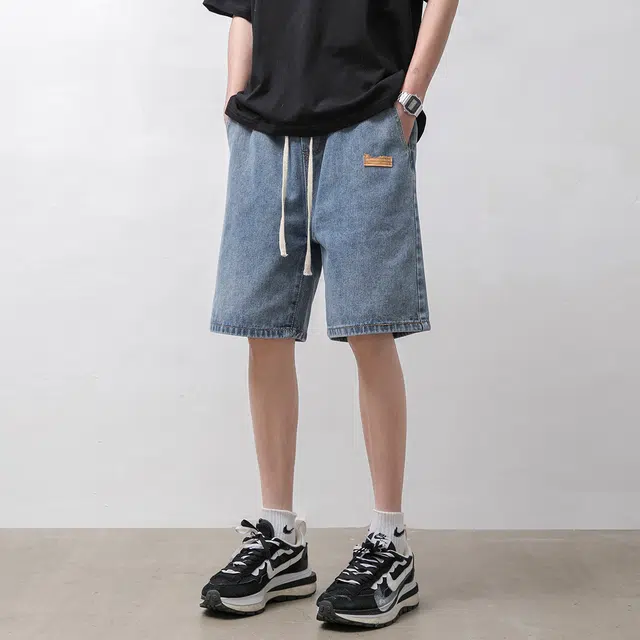 法文箱子 美式复古松紧腰男士潮牌夏季休闲大码五分裤子高街牛仔短裤 男款