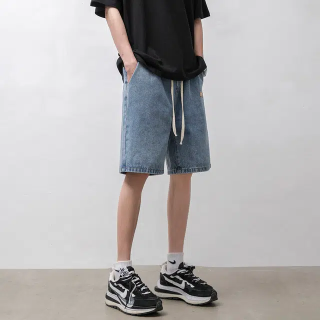 法文箱子 美式复古松紧腰男士潮牌夏季休闲大码五分裤子高街牛仔短裤 男款