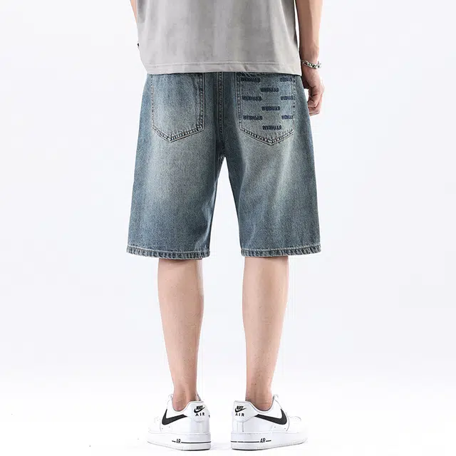 法文箱子 美式复古痞帅破洞宽松街头大码中裤夏季款五分裤子牛仔短裤 男款