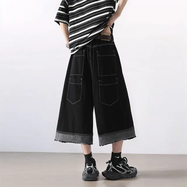 法文箱子 美式高街黑色工装七分直筒宽松阔腿百搭裤子牛仔短裤 男款