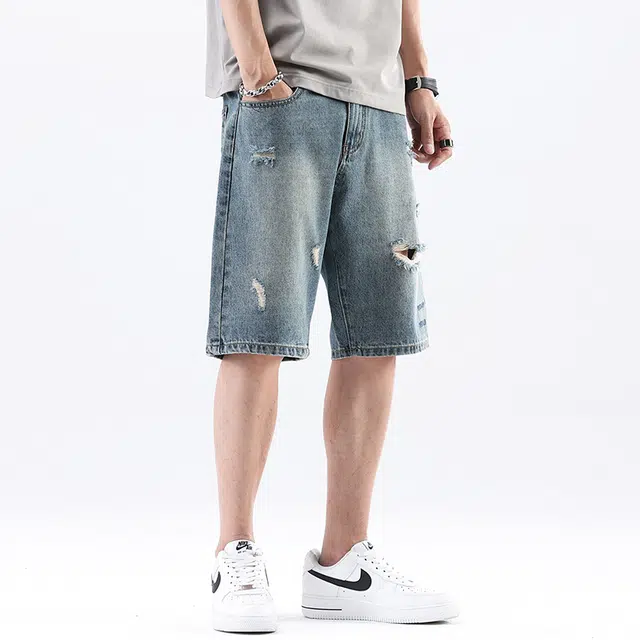 法文箱子 美式复古痞帅破洞宽松街头大码中裤夏季款五分裤子牛仔短裤 男款