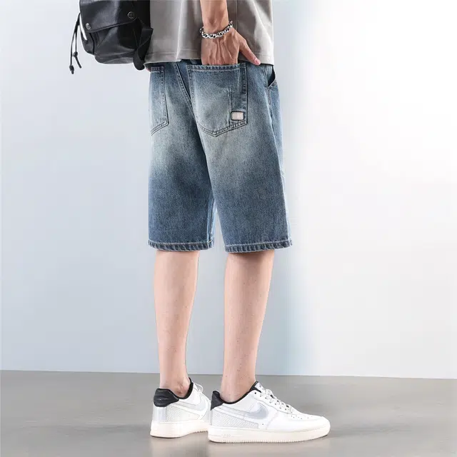 法文箱子 休闲复古拼接宽松潮流痞帅五分裤薄款中裤子牛仔短裤 男款