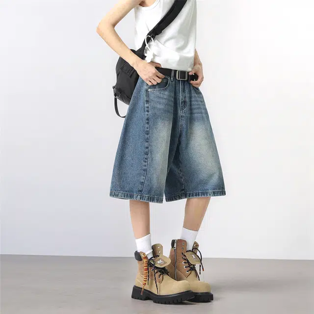 法文箱子 美式高街复古水洗做旧牛仔中裤男女夏季款设计感弯刀阔腿休闲短裤 男款