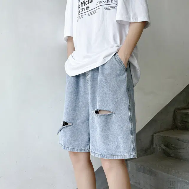 法文箱子 小众设计美式高街男士夏季薄款外穿破洞五分裤男宽松痞帅潮流百搭牛仔短裤 男款