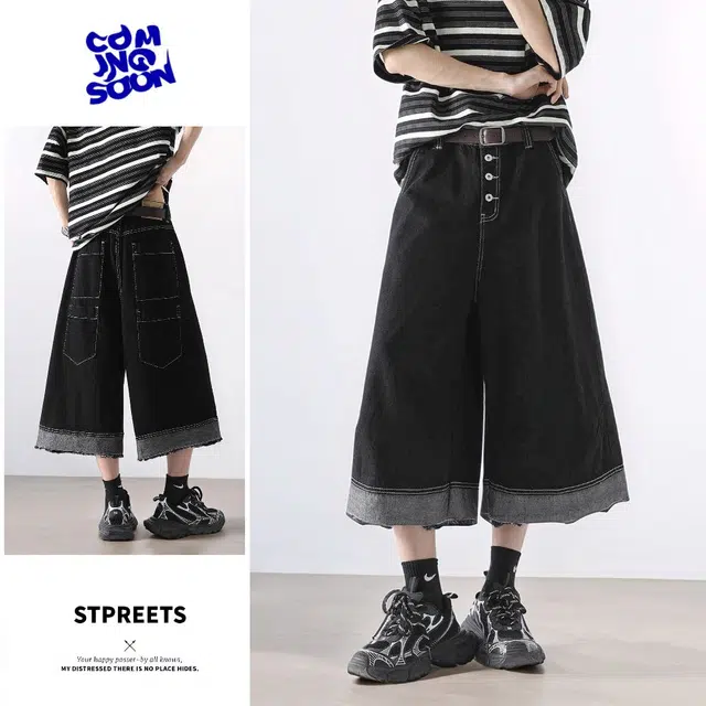 法文箱子 美式高街黑色工装七分直筒宽松阔腿百搭裤子牛仔短裤 男款