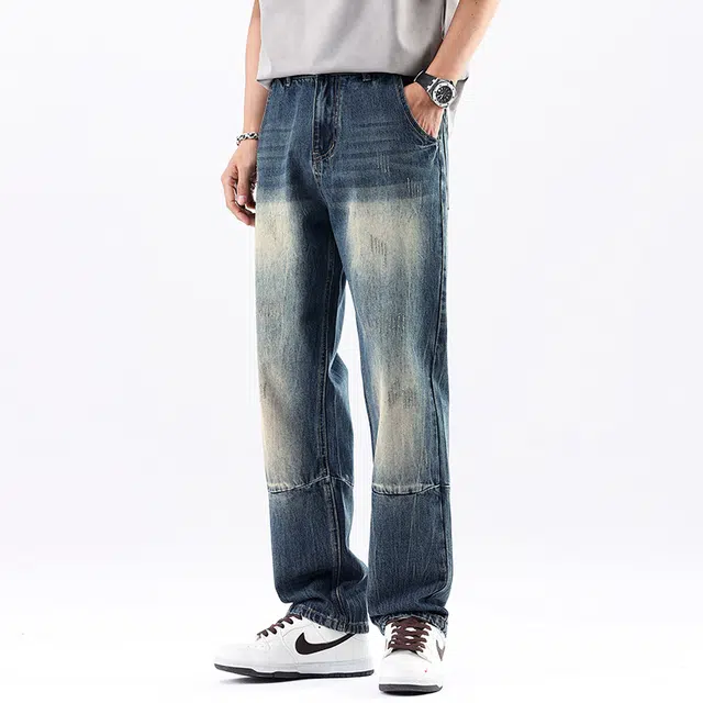 法文箱子 复古潮牌春夏美式高街宽松直筒裤子工装休闲长裤牛仔裤 男款