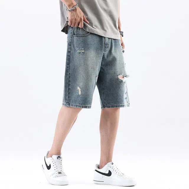 法文箱子 美式复古痞帅破洞宽松街头大码中裤夏季款五分裤子牛仔短裤 男款